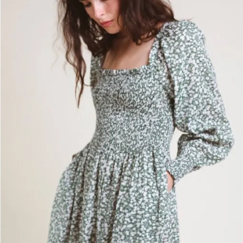 Trovata Birds of Paradis Green and White Smocked Floral Midi Dress
